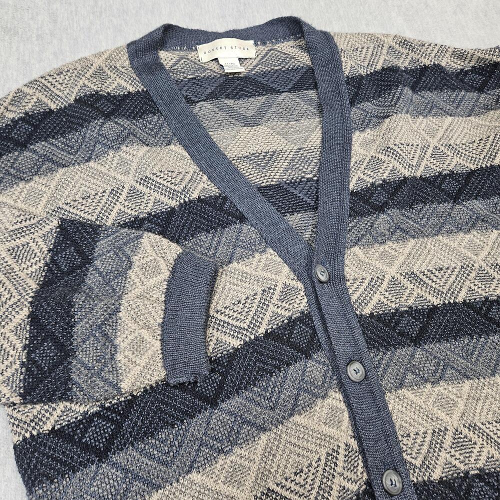 Robert Stock Sweater Mens XL Blue Beige Cardigan Knit Geometric Button Up